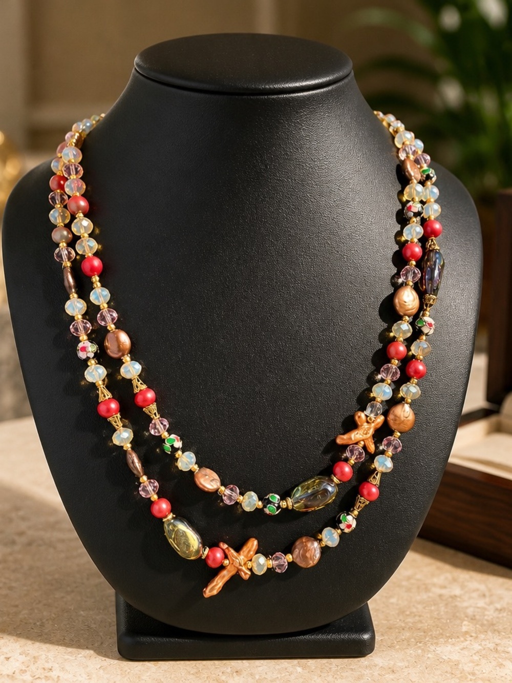 Multicolor Beaded Double-Strand Women's Necklace - Red & Gold Accents